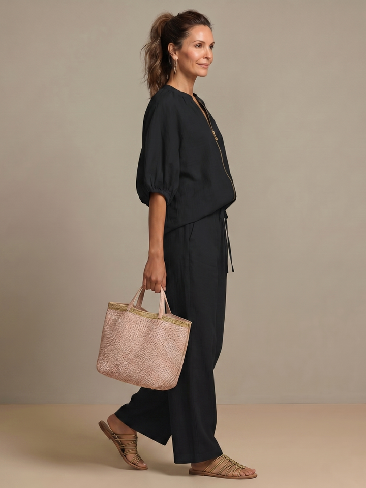 Natalia | Bluzka z zamkiem z przodu i szerokimi spodniami